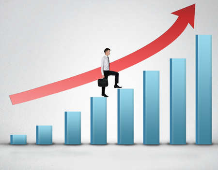 Business man climb blue bar stairsの写真素材