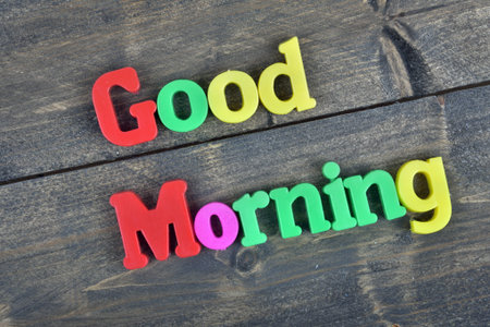 Good morning word on wooden tableの写真素材