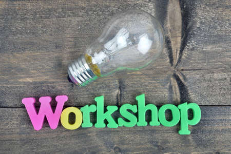 Workshop word on wooden tableの写真素材