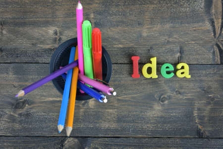 Idea  word on wooden tableの写真素材