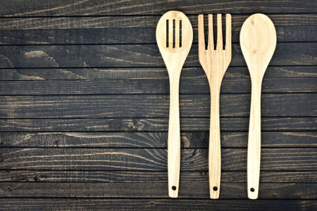 Kitchen utensils  on wooden tableの写真素材