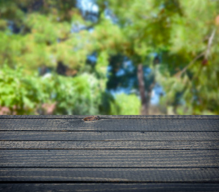 Empty wooden table in rural outdoor sceneの写真素材