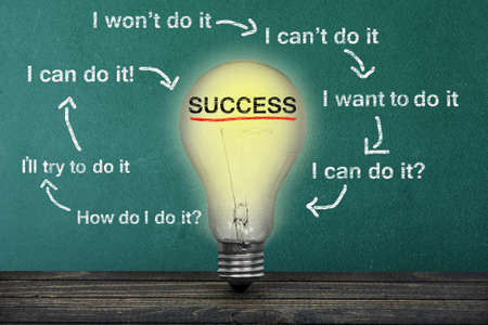 Success scheme on green board and light bulb on tableの写真素材