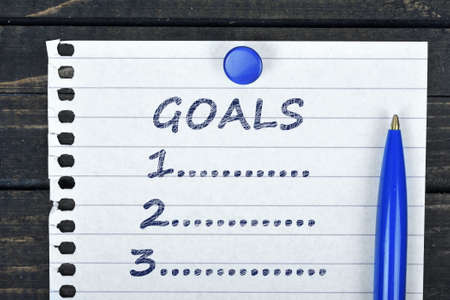 Goals text on page and pen on wooden tableの写真素材