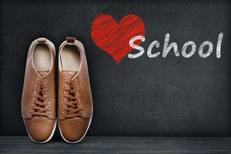 Love School text on black board and shoesの写真素材