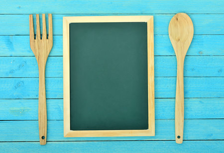 Fork and spoon on wooden tableの写真素材