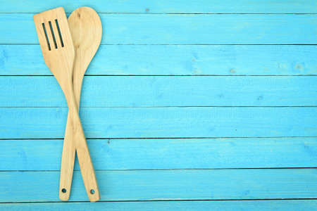 Fork and spoon on wooden tableの写真素材