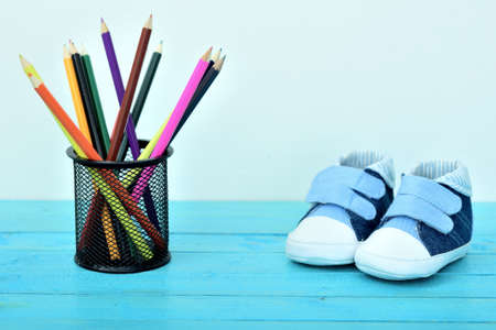 Group of pens on wooden tableの写真素材