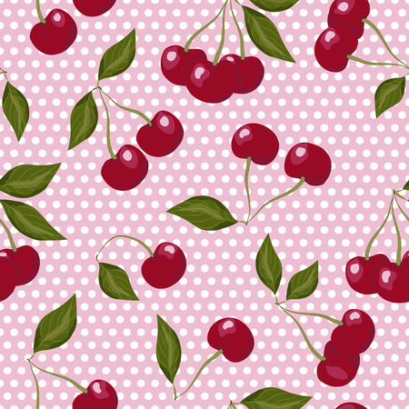 Seamless pattern with cherries on pink polka dot backgroundのイラスト素材