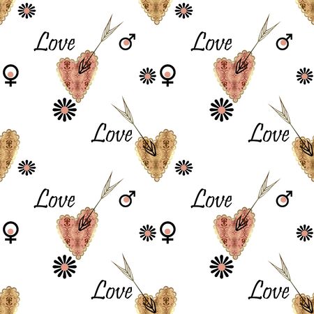 Seamless Valentines day pattern with patchwork textured hearts print on white background.の写真素材