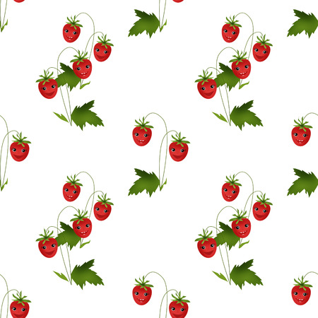 Cute seamless kids pattern with strawberry cartoon characters on white backgroundの写真素材