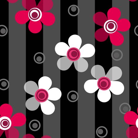 Seamless pink flowers pattern on striped grey black backgroundの写真素材