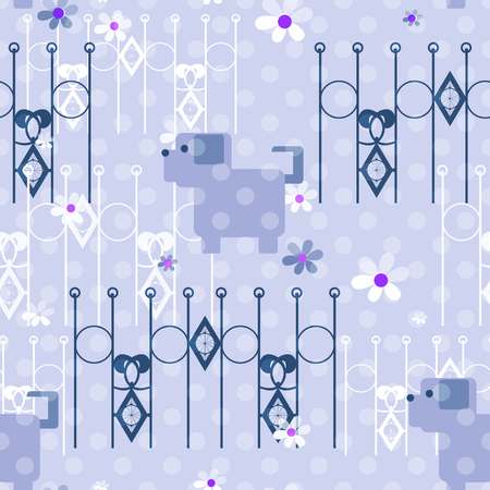 Seamless kids pattern texture with dogs puppy and geometric elements on blue backgroundの写真素材