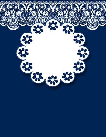 White lace frame with flowers and lacy elements on dark blue backgroundの写真素材