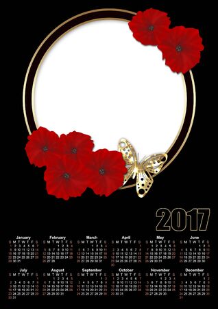 Calendar 2017 template with red flowers poppy frameの写真素材