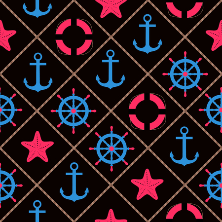 Seamless nautical pattern on black backgroundの写真素材