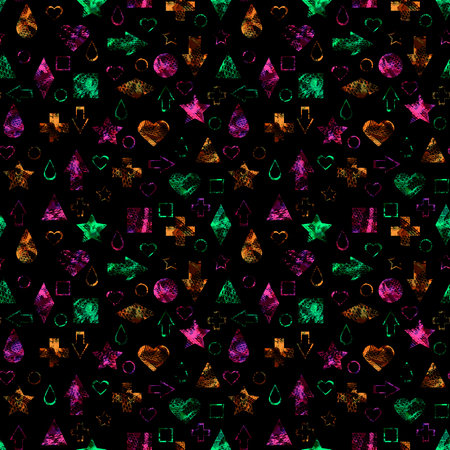 Bright geometric abstract grunge elements seamless pattern on blackの写真素材