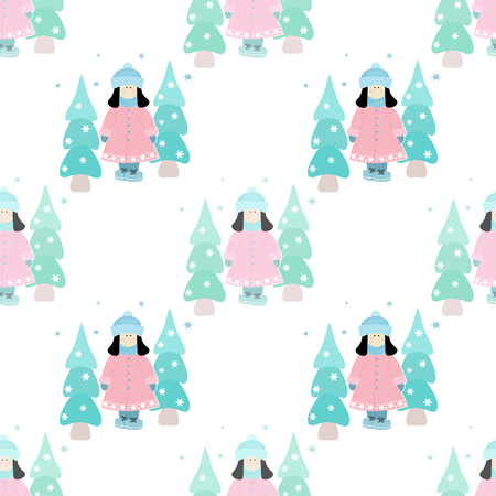 Seamless kids girl doll Christmas winter pattern in pastel colorsの写真素材