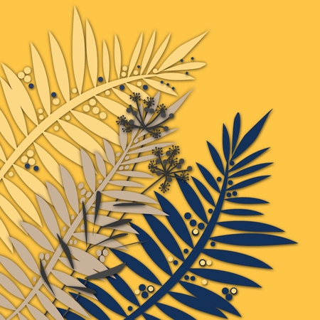Tropical palm leaves print illustration on yellow backgroundの写真素材