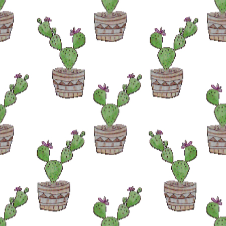 Seamless embroidery cross stitch cactuses pattern on white background