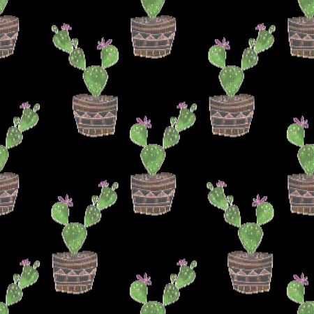 Seamless embroidery cross stitch cactuses pattern on black background