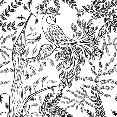 Seamless fairy fantasy garden forest bird sketched pattern backgroundのイラスト素材