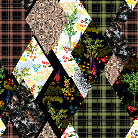 Seamless abstract patchwork plaid patches pattern dark backrgoundの写真素材