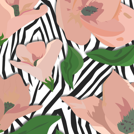 Seamless floral tropical jungle leaves zebra skin pattern backgroundの写真素材
