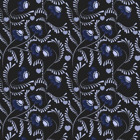 Beauty contrast simple seamless floral pattern swirl elements black backgroundの写真素材