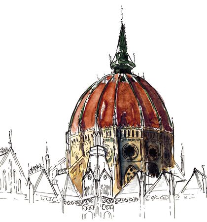 Watercolor hand drawn sketch architecture illustration of Dome of the Parliament Building in Budapest isolated on whiteの写真素材