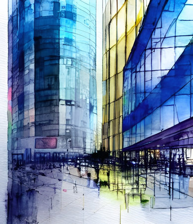 abstract modern building in the city,digital painting on canvas.の素材