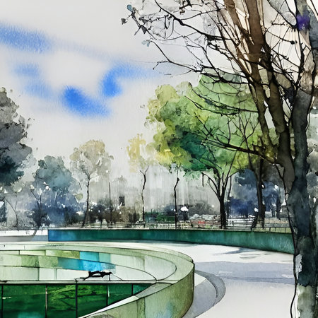 Watercolor illustration of a park with trees and a pondの素材