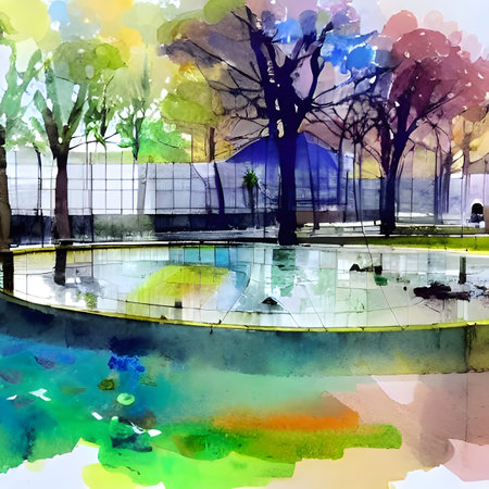 Watercolor illustration of a park with trees and pond. Spring landscape.の素材