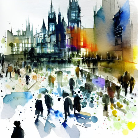 Digital watercolor painting of people walking in front of city  could be Big Ben in Londonの素材