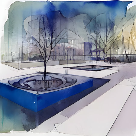 Abstract watercolor painting of a modern office environment with trees in the foregroundの素材