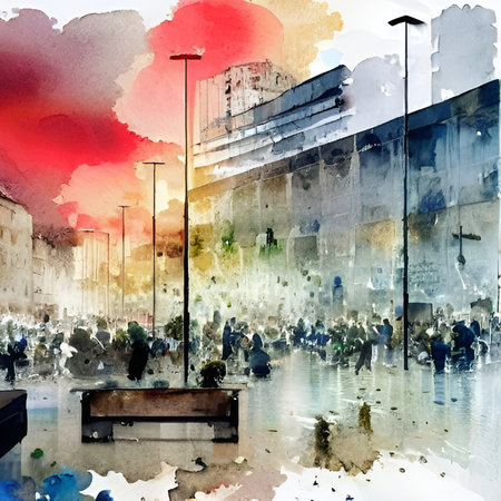 abstract urban scene with people in the city, digital painting illustrationの素材