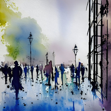 People walking in the city. Digital watercolor painting abstract.の素材