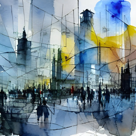Abstract cityscape with silhouettes of people walking in the cityの素材