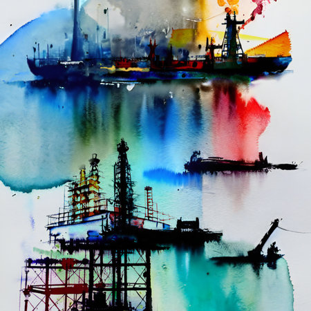 Oil rig and ships on digital abstract colorful watercolor.の素材