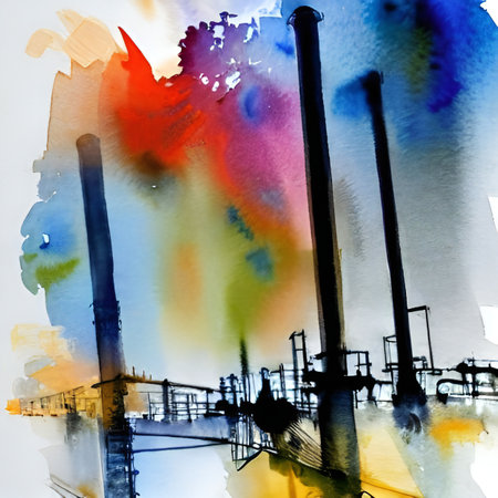 Industrial colorful digital watercolor background with smokestacks and chimneysの素材