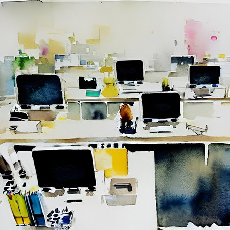 Workplace in office computers on desks. digital impressionist watercolor illustrationの素材
