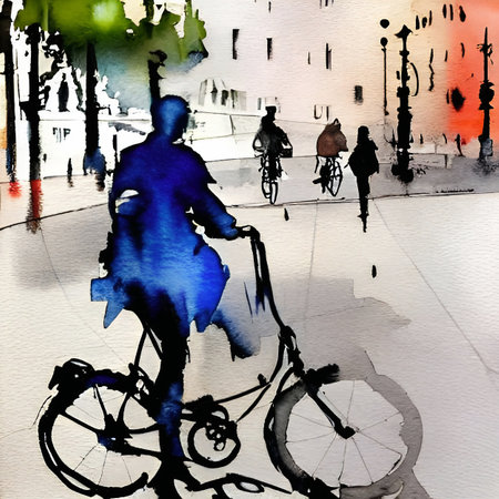 Silhouettes of people riding bicycles in the city. digital impressionist watercolor paintingの素材