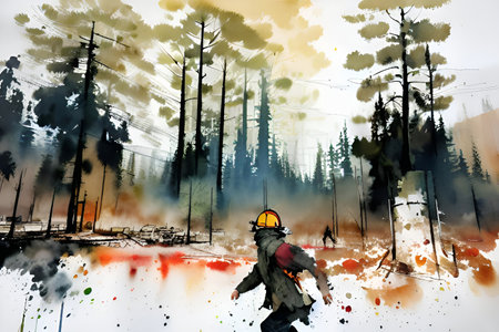 digital painting illustration of a man in a helmet and gas mask in a pine forest fire.の素材