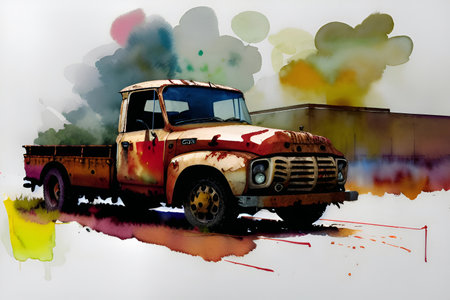 abstract color design art watercolor illustration of an old rusty pickup truckの素材