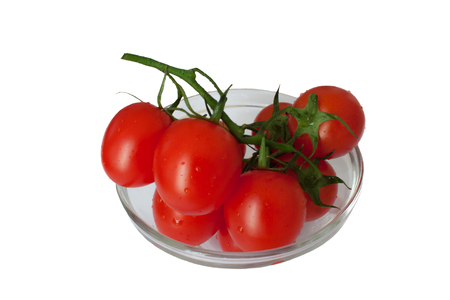 Ripe little tomatoes in drops of water on a green fresh branch in a glass glaze bowl. Bunch a cherry tomato. Isolateの写真素材