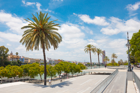Beautiful view from the park near the Golden Tower (Torre del Oro) on the river Guadalquivir and the Triana on the backgound on blue sky and white clouds. Summer travelの写真素材
