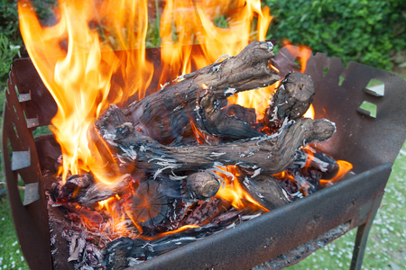 Empty charcoal grill with open fire, burning branches of grapes, coals, outdoor summer conceptの写真素材