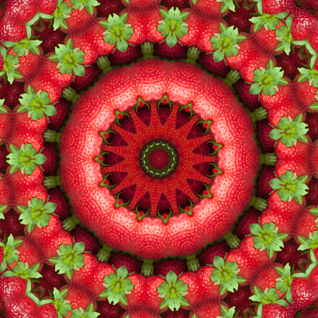 Red fruit background.  Fresh ripe red strawberry with green leaves, close-up, full frame, macroの写真素材