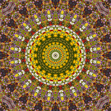 Beautiful colorful flowers in summer day. Floral background from viola tricolor with green leaves.  Kaleidoscope, color pattern, backgroundの写真素材