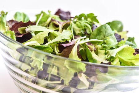 shot on a white background total white of a glass bowl with a mixed salad only green field tender and good to seasonの写真素材